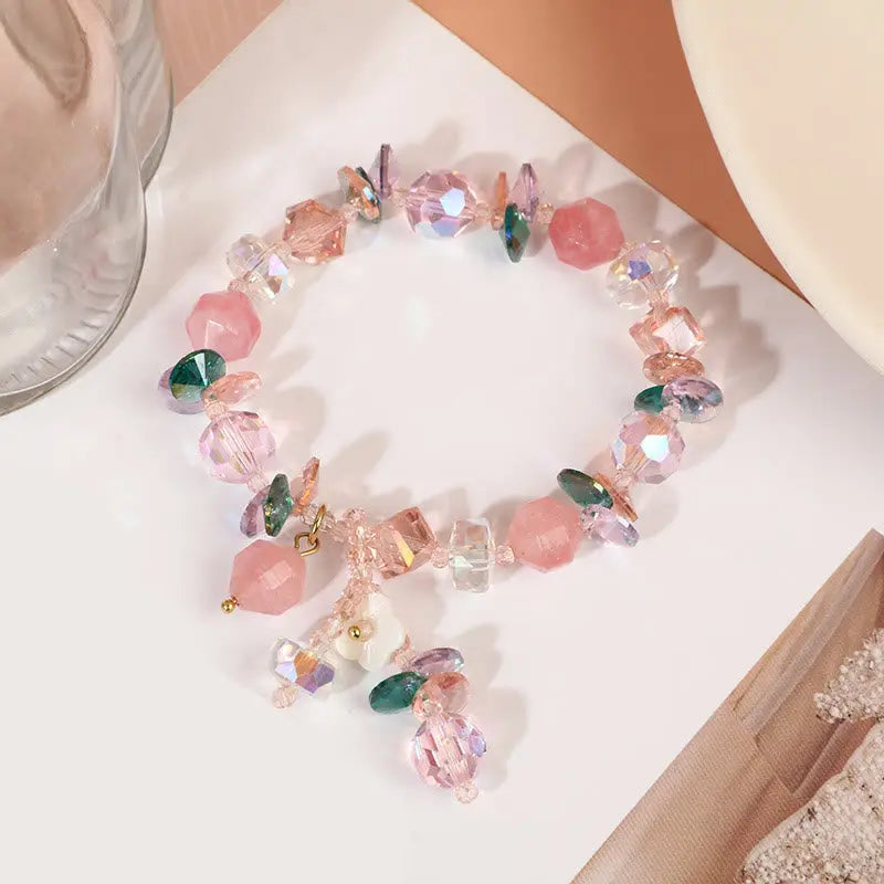 Buddha Stones Pink Crystal Green Crystal White Crystal Flower Warmth Bracelet BS