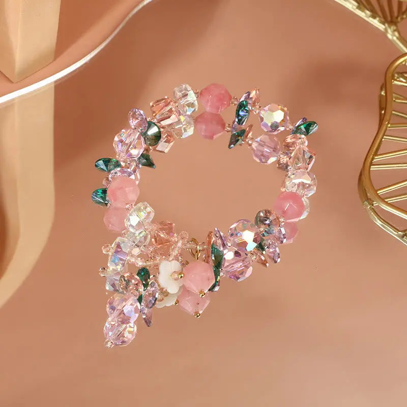Buddha Stones Pink Crystal Green Crystal White Crystal Flower Warmth Bracelet BS