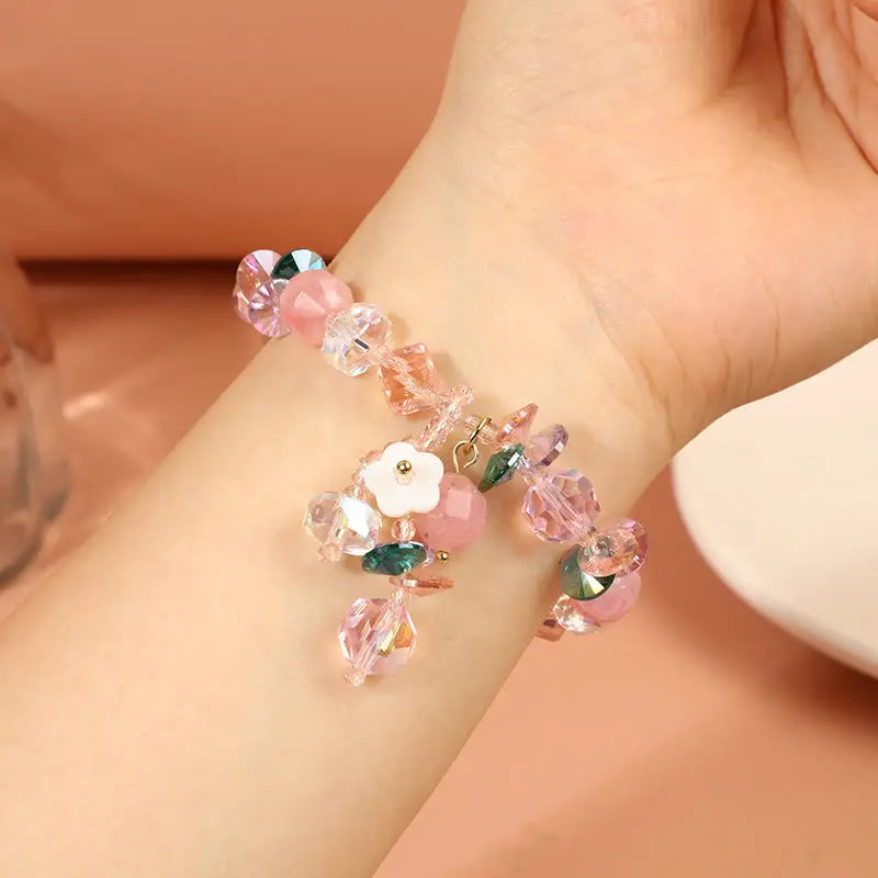Buddha Stones Pink Crystal Green Crystal White Crystal Flower Warmth Bracelet BS