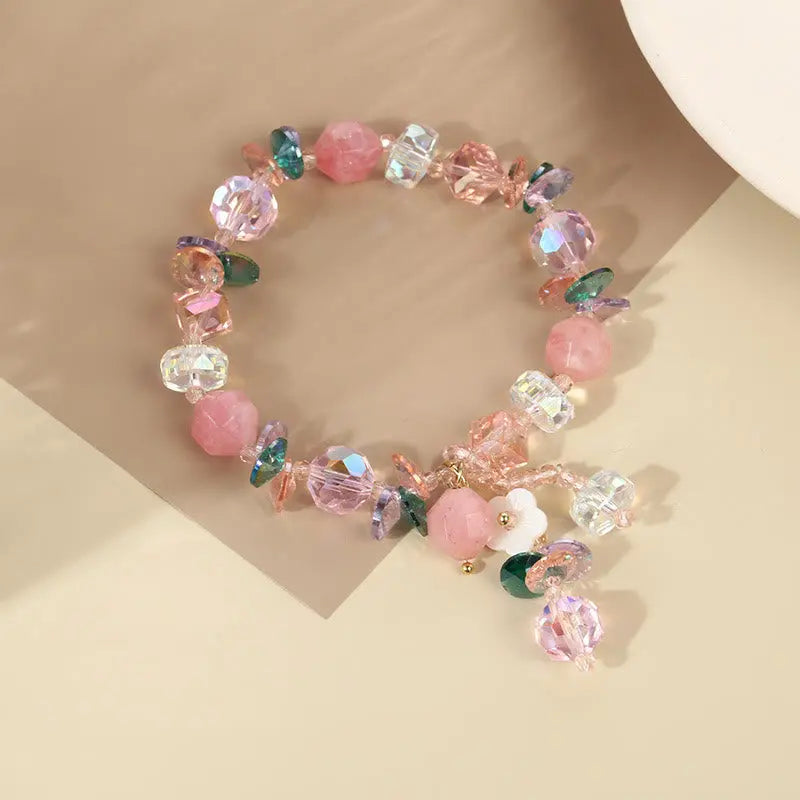 Buddha Stones Pink Crystal Green Crystal White Crystal Flower Warmth Bracelet BS