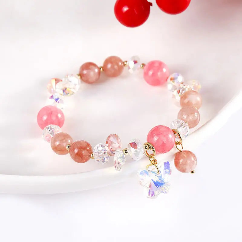 Buddha Stones Strawberry Quartz White Crystal Pink Crystal Butterfly Love Bracelet BS