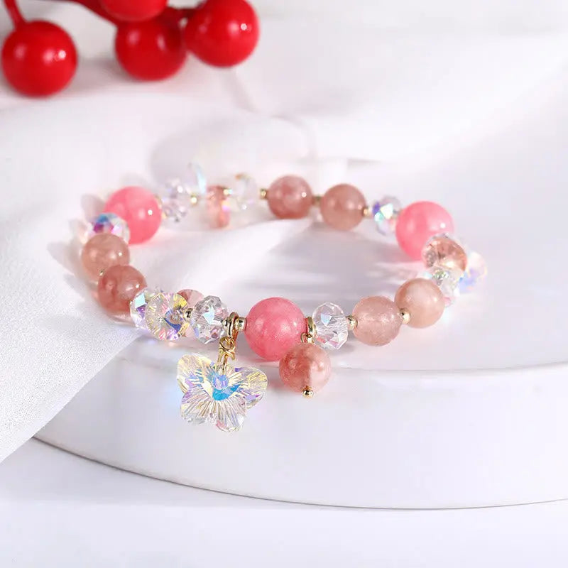 Buddha Stones Strawberry Quartz White Crystal Pink Crystal Butterfly Love Bracelet BS