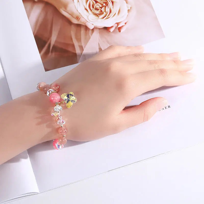 Buddha Stones Strawberry Quartz White Crystal Pink Crystal Butterfly Love Bracelet BS
