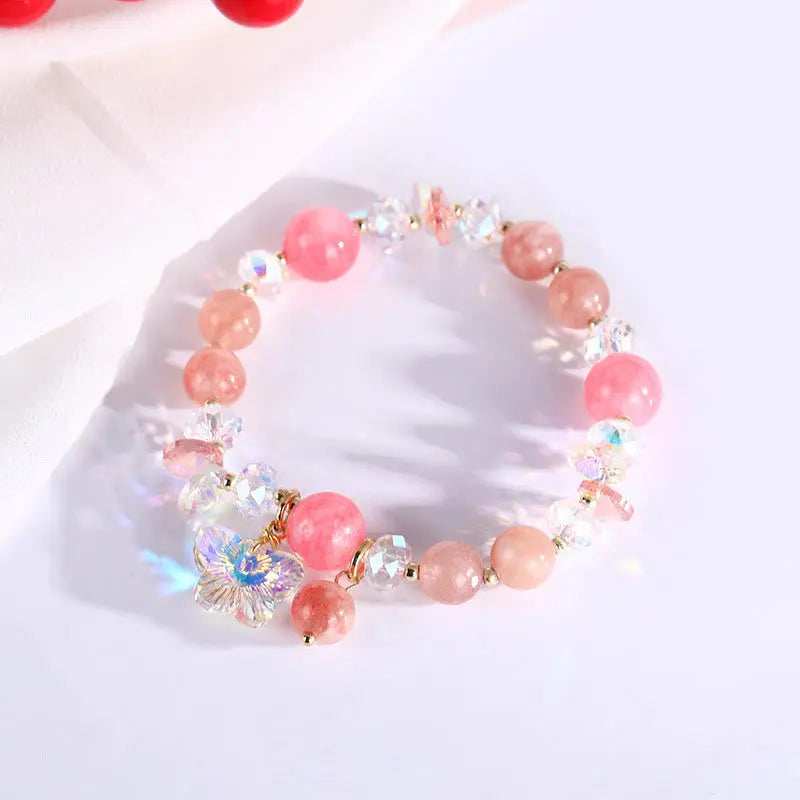 Buddha Stones Strawberry Quartz White Crystal Pink Crystal Butterfly Love Bracelet BS