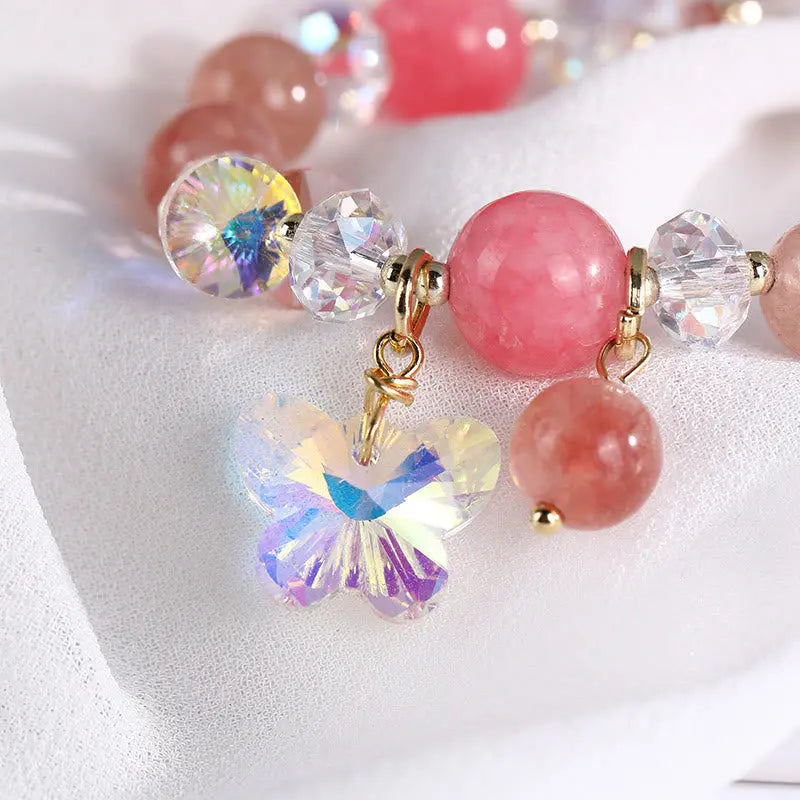 Buddha Stones Strawberry Quartz White Crystal Pink Crystal Butterfly Love Bracelet BS