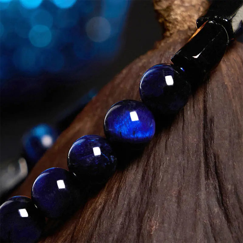 Buddha Stones Blue Tiger Eye Black Tourmaline Strength Bracelet BS