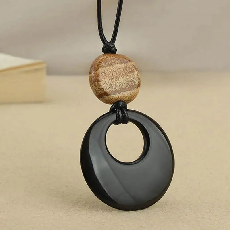 Fulfilment Strength Black Obsidian Liuli Picture Stone Necklace Pendant Starymagic