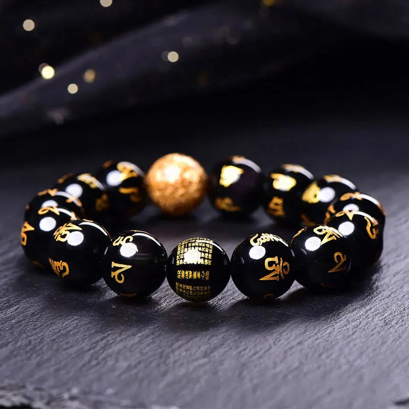 Buddha Stones Six True Words Om Mani Padme Hum Rainbow Obsidian Gold Foil Creativity Bracelet BS