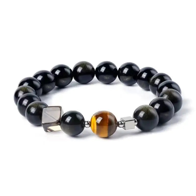 Buddha Stones Black Obsidian Eagle's Eye Stone Gold Sheen Obsidian Tiger's Eye Strength Bracelet BS