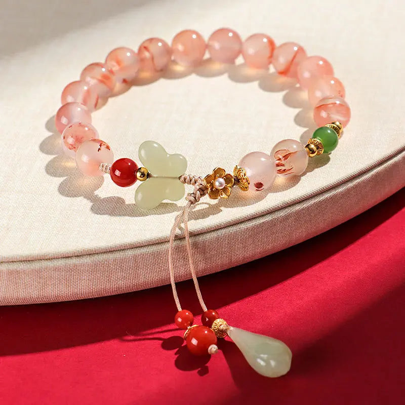 Buddha Stones South Red Agate Butterfly Orchid Hetian Jade Luck Bracelet BS