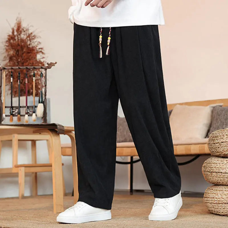 Buddha Stones Fall Winter Men's Drawstring Corduroy Solid Pants With Pockets BS