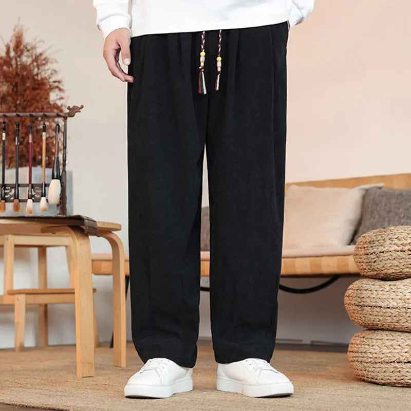 Buddha Stones Fall Winter Men's Drawstring Corduroy Solid Pants With Pockets BS