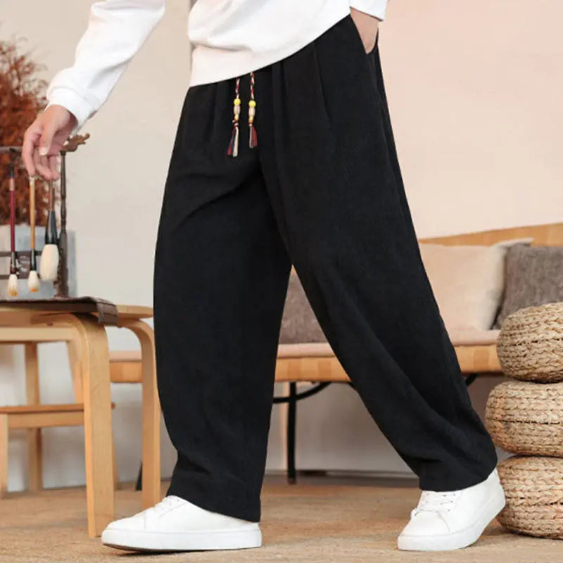 Buddha Stones Fall Winter Men's Drawstring Corduroy Solid Pants With Pockets BS