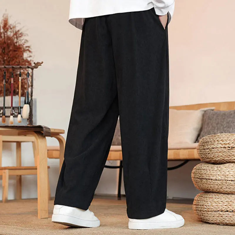Buddha Stones Fall Winter Men's Drawstring Corduroy Solid Pants With Pockets BS