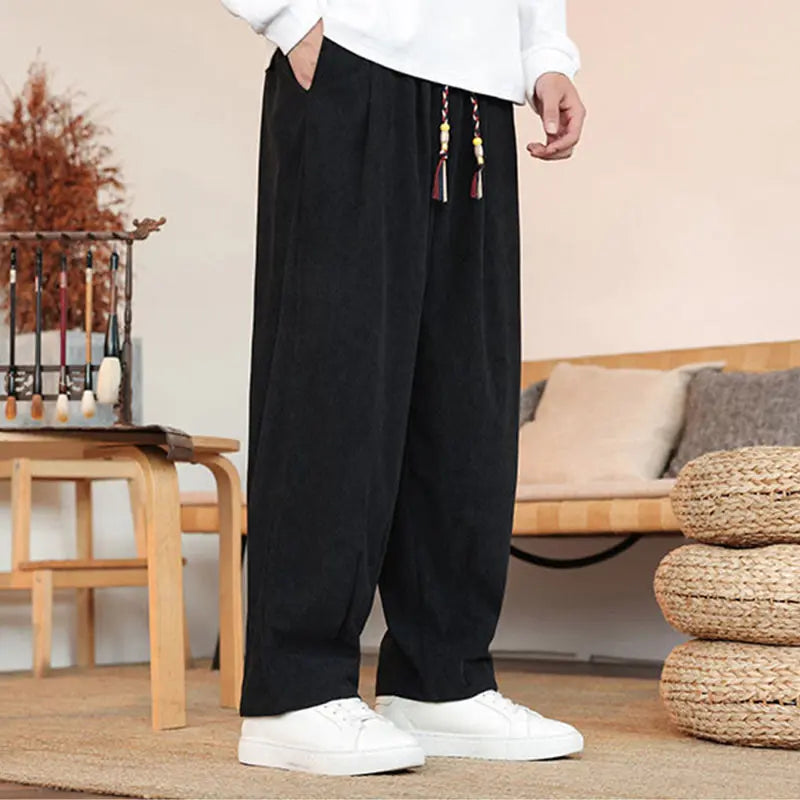 Buddha Stones Fall Winter Men's Drawstring Corduroy Solid Pants With Pockets BS