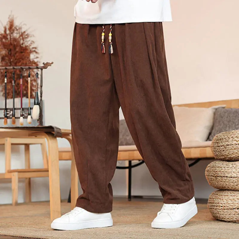 Buddha Stones Fall Winter Men's Drawstring Corduroy Solid Pants With Pockets BS