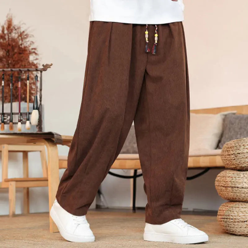 Buddha Stones Fall Winter Men's Drawstring Corduroy Solid Pants With Pockets BS