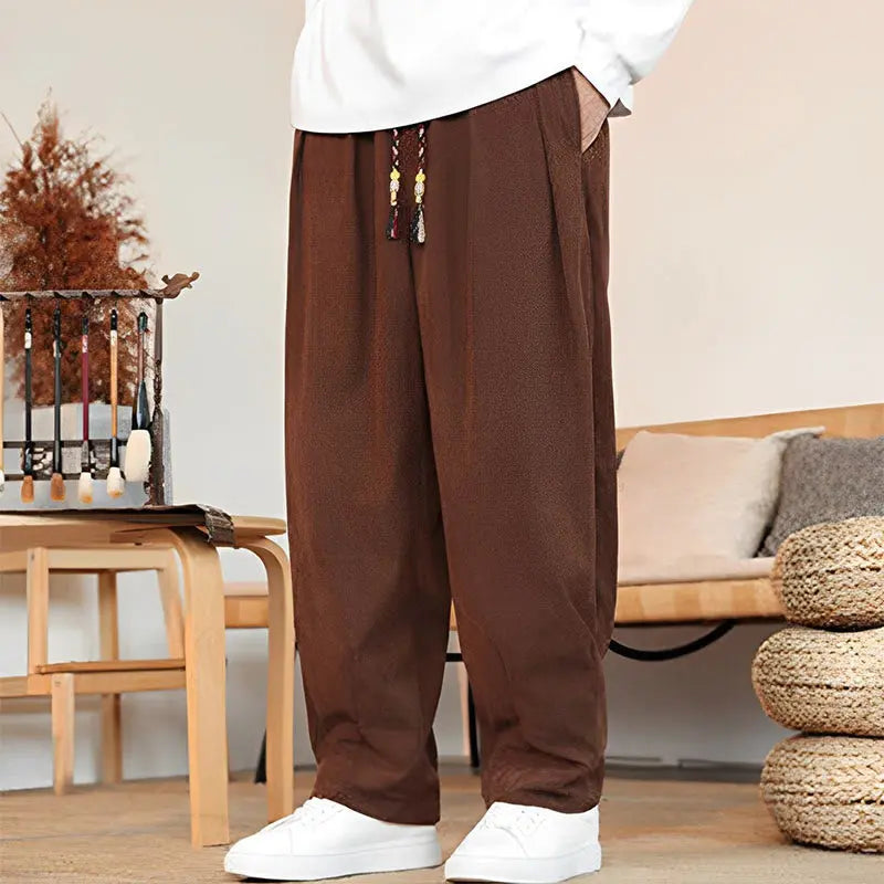 Buddha Stones Fall Winter Men's Drawstring Corduroy Solid Pants With Pockets BS