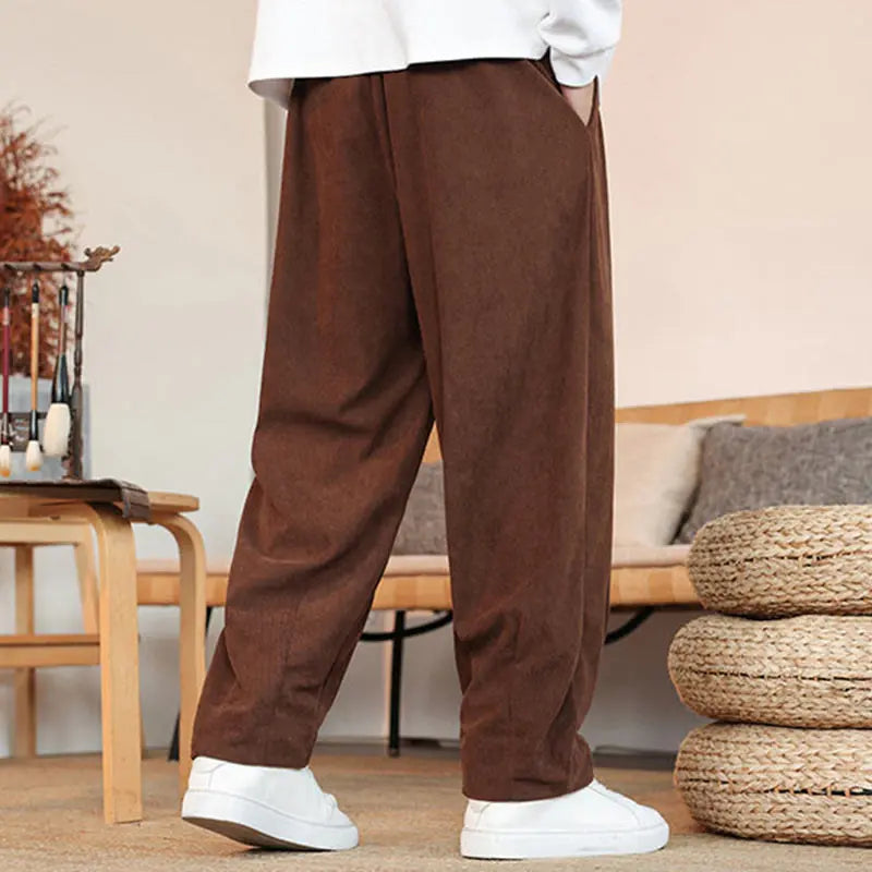Buddha Stones Fall Winter Men's Drawstring Corduroy Solid Pants With Pockets BS