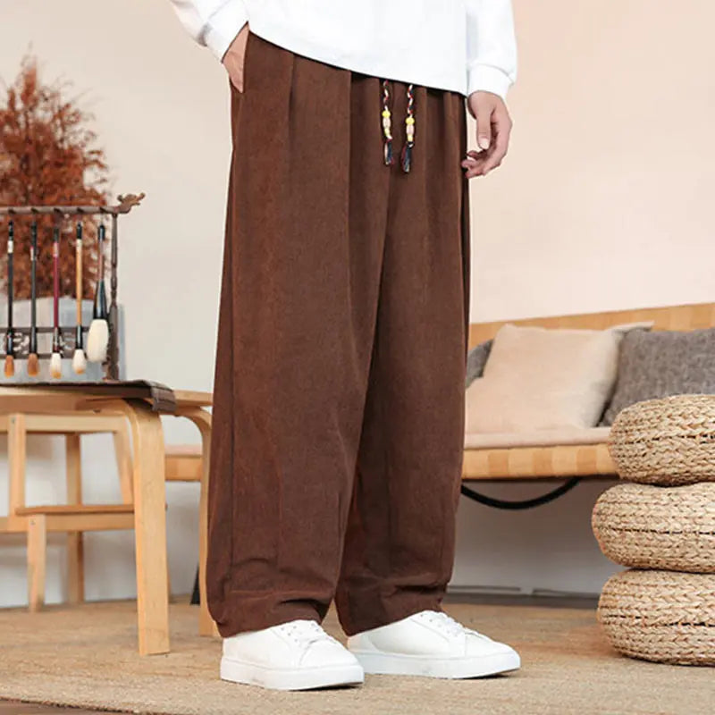 Buddha Stones Fall Winter Men's Drawstring Corduroy Solid Pants With Pockets BS