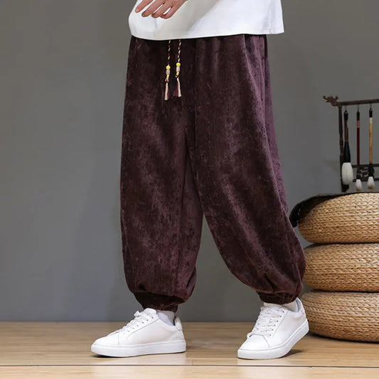 Buddha Stones Fall Winter Men's Drawstring Chenille Harem Pants With Pockets BS