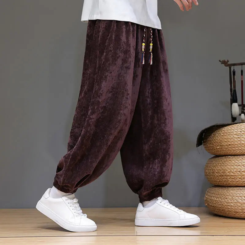 Buddha Stones Fall Winter Men's Drawstring Chenille Harem Pants With Pockets BS
