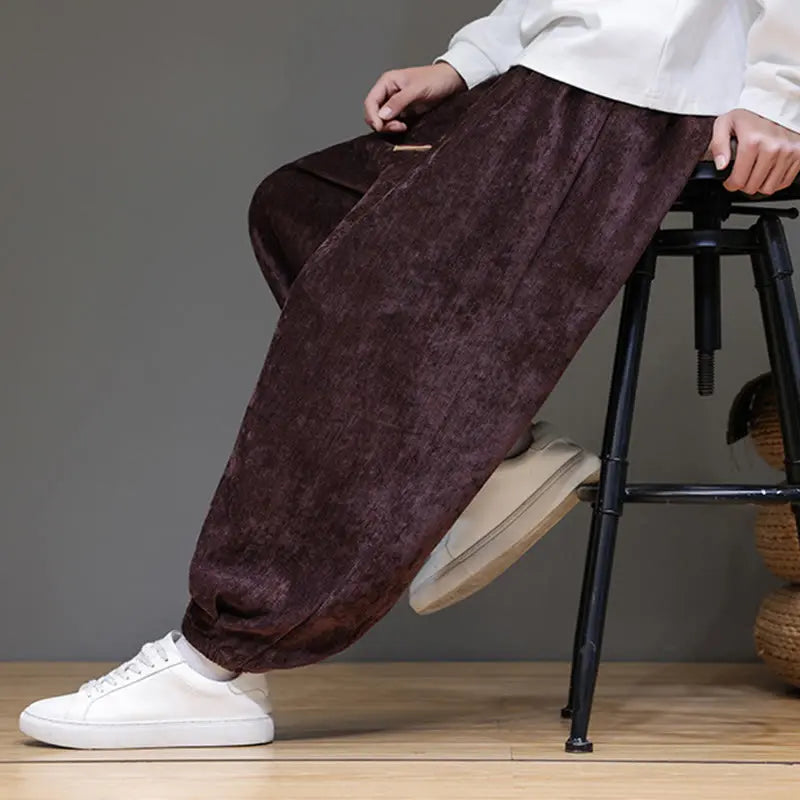 Buddha Stones Fall Winter Men's Drawstring Chenille Harem Pants With Pockets BS