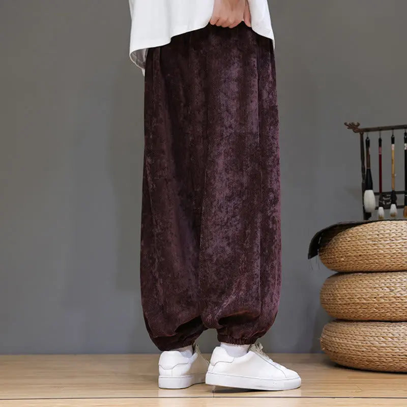 Buddha Stones Fall Winter Men's Drawstring Chenille Harem Pants With Pockets BS