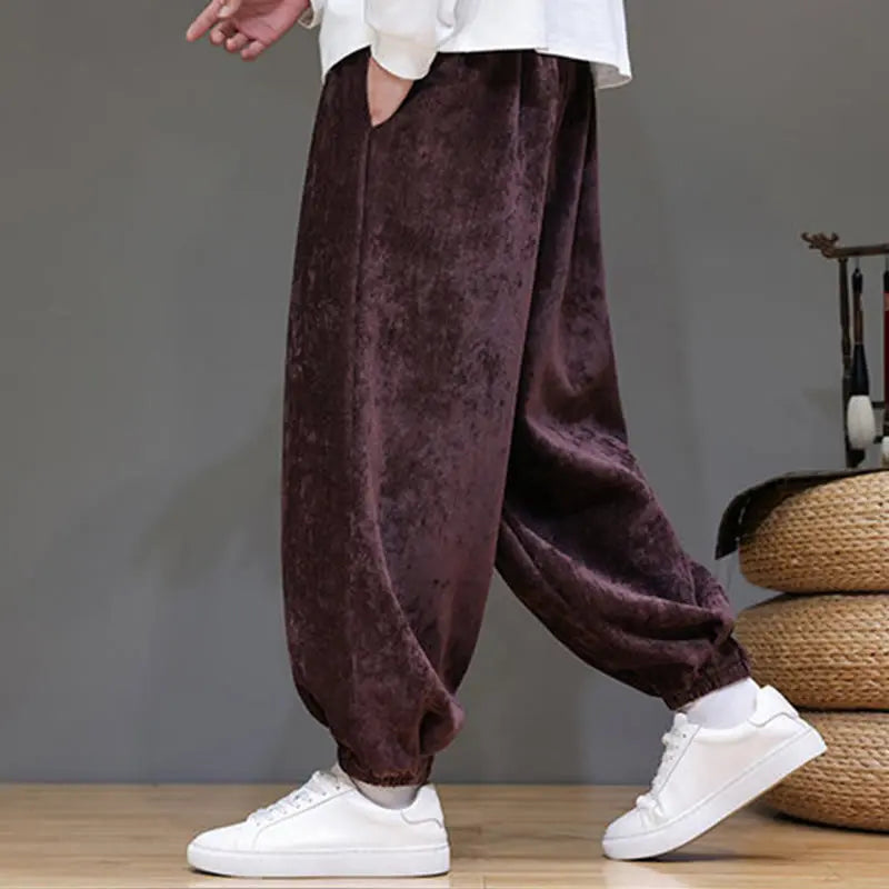 Buddha Stones Fall Winter Men's Drawstring Chenille Harem Pants With Pockets BS