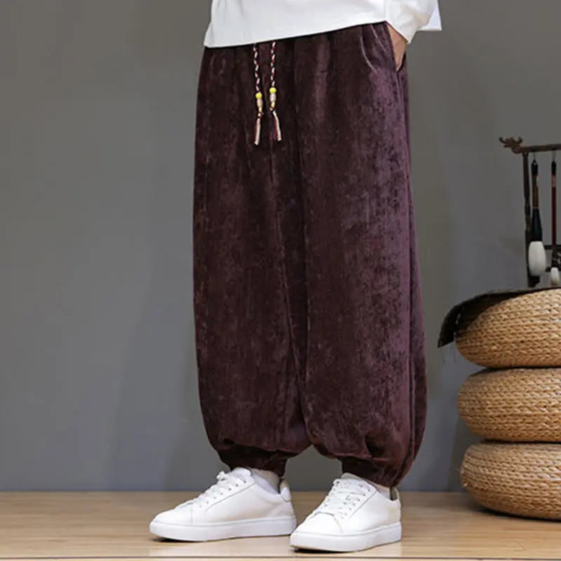 Buddha Stones Fall Winter Men's Drawstring Chenille Harem Pants With Pockets BS