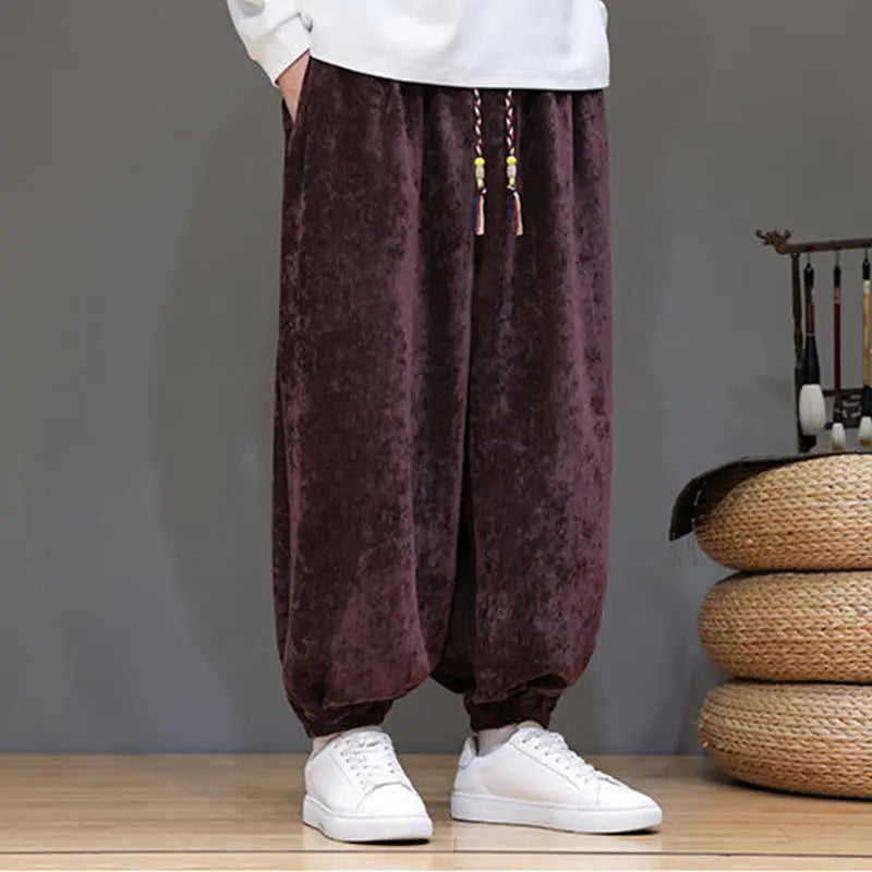 Buddha Stones Fall Winter Men's Drawstring Chenille Harem Pants With Pockets BS