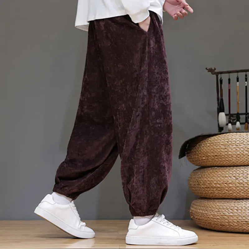 Buddha Stones Fall Winter Men's Drawstring Chenille Harem Pants With Pockets BS