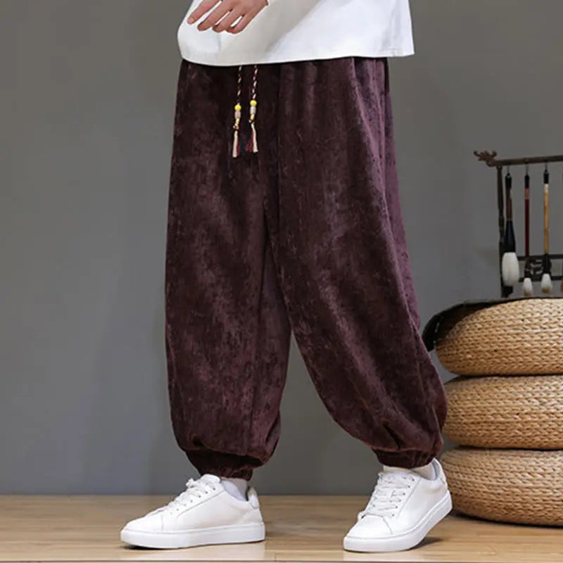 Buddha Stones Fall Winter Men's Drawstring Chenille Harem Pants With Pockets BS