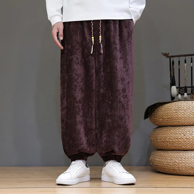 Buddha Stones Fall Winter Men's Drawstring Chenille Harem Pants With Pockets BS