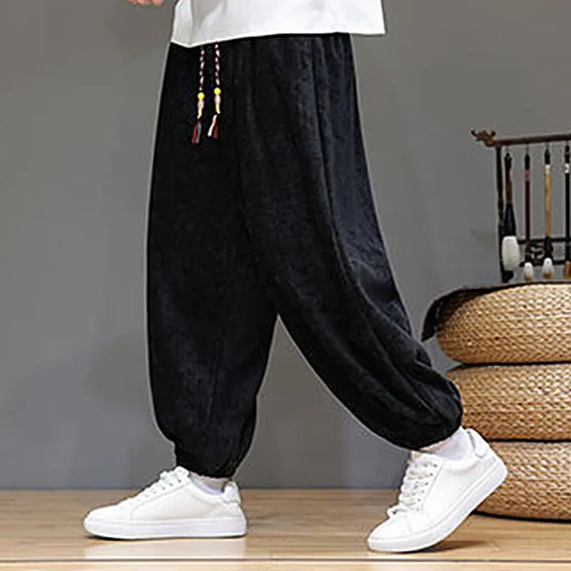 Buddha Stones Fall Winter Men's Drawstring Chenille Harem Pants With Pockets BS