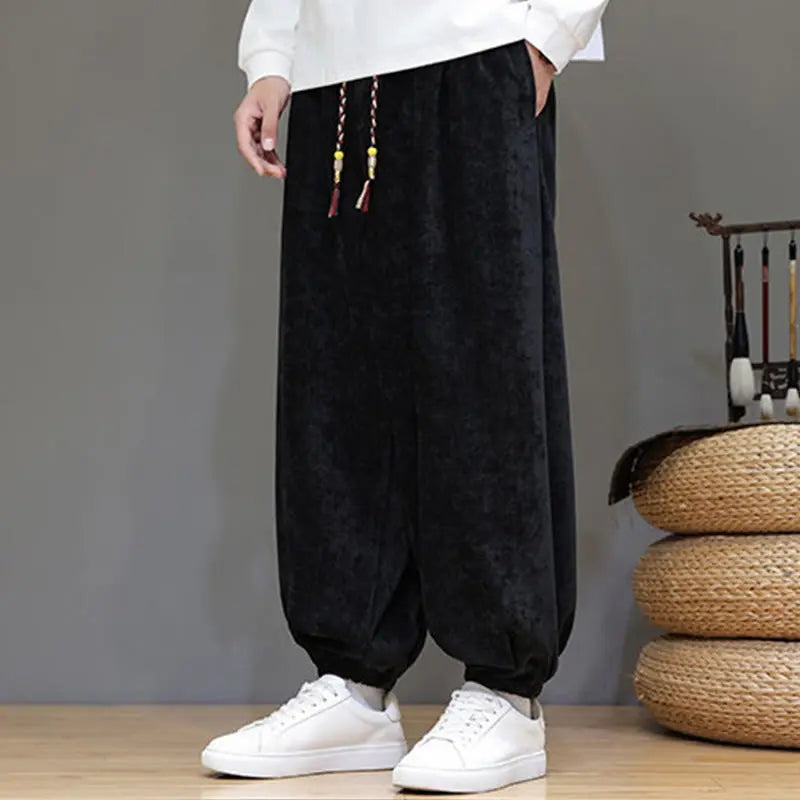 Buddha Stones Fall Winter Men's Drawstring Chenille Harem Pants With Pockets BS
