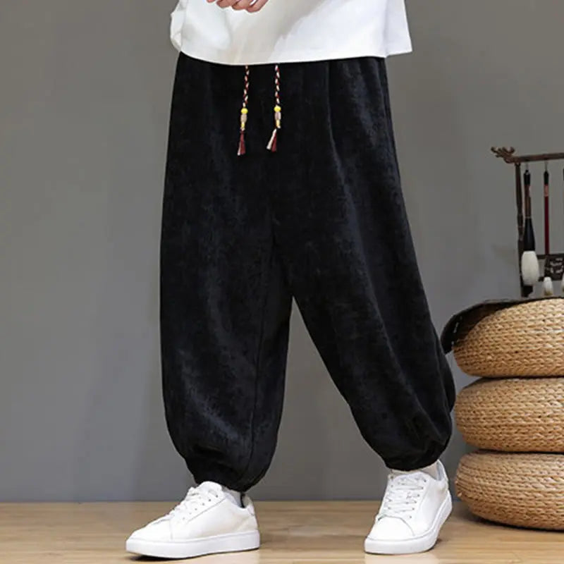 Buddha Stones Fall Winter Men's Drawstring Chenille Harem Pants With Pockets BS