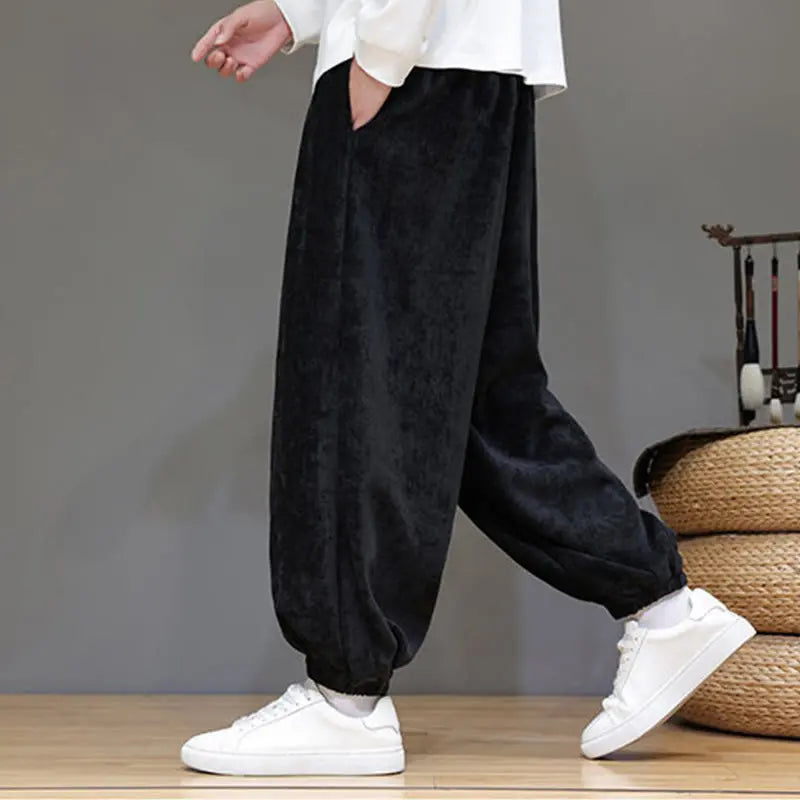 Buddha Stones Fall Winter Men's Drawstring Chenille Harem Pants With Pockets BS