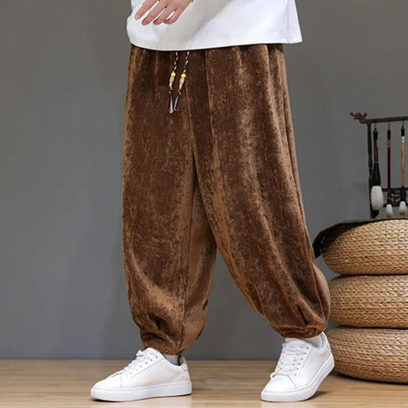 Buddha Stones Fall Winter Men's Drawstring Chenille Harem Pants With Pockets BS