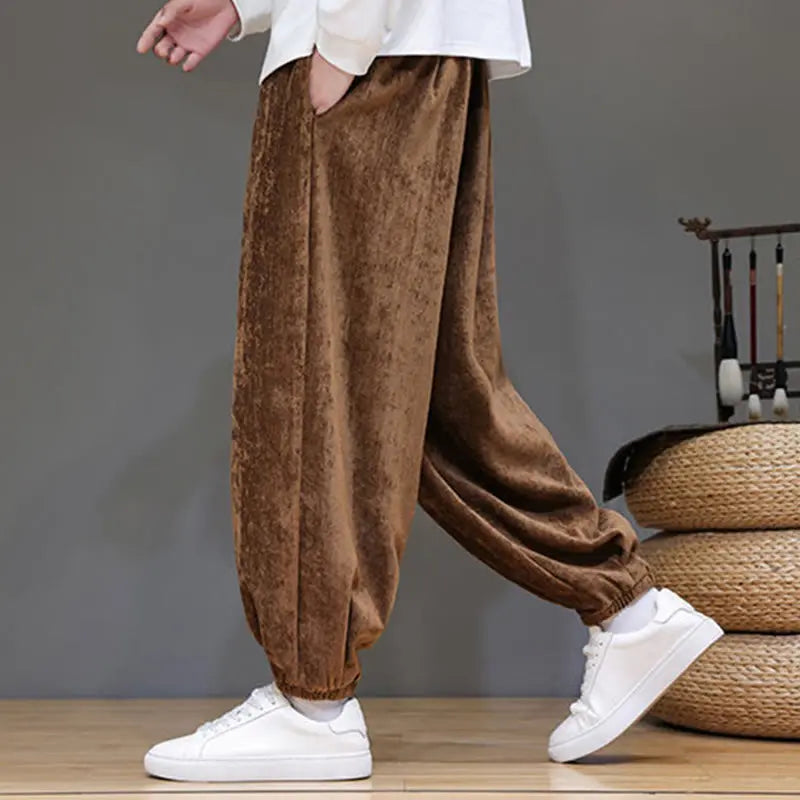Buddha Stones Fall Winter Men's Drawstring Chenille Harem Pants With Pockets BS