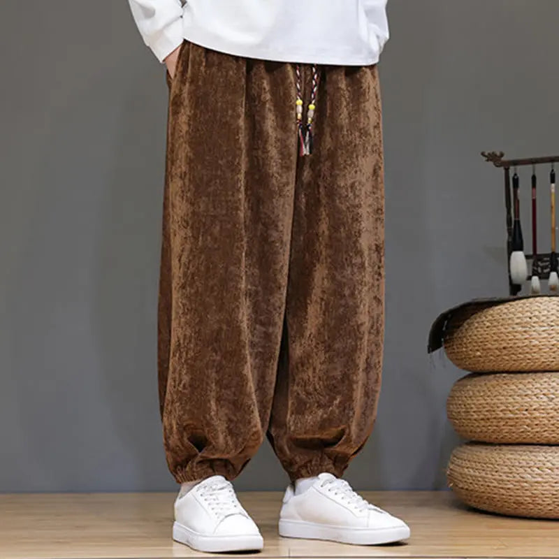 Buddha Stones Fall Winter Men's Drawstring Chenille Harem Pants With Pockets BS