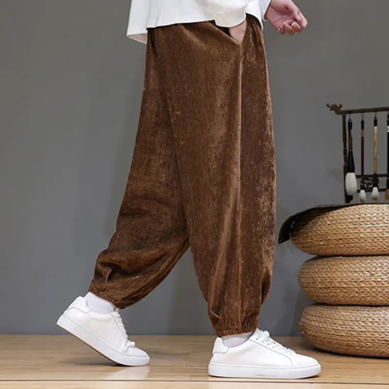 Buddha Stones Fall Winter Men's Drawstring Chenille Harem Pants With Pockets BS