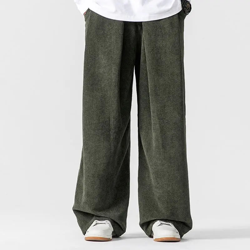 Buddha Stones Solid Color Cotton Corduroy Men's Wide Leg Pants With Pockets BS