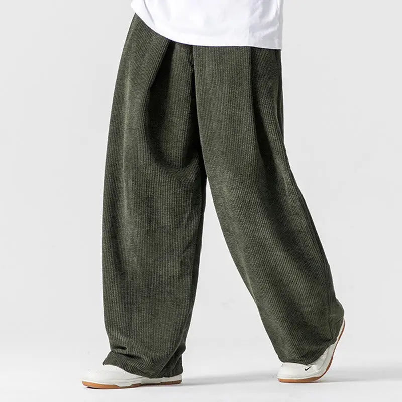 Buddha Stones Solid Color Cotton Corduroy Men's Wide Leg Pants With Pockets BS