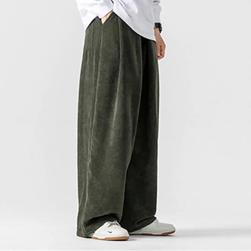 Buddha Stones Solid Color Cotton Corduroy Men's Wide Leg Pants With Pockets BS