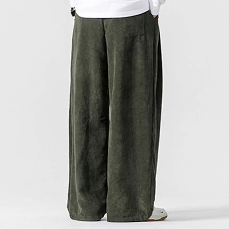 Buddha Stones Solid Color Cotton Corduroy Men's Wide Leg Pants With Pockets BS