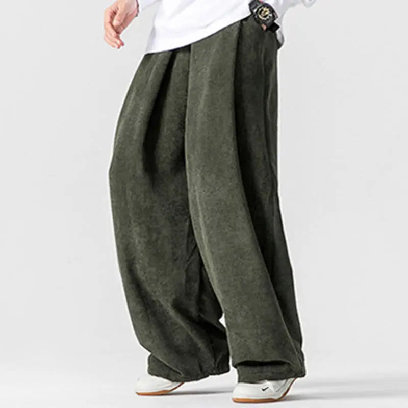 Buddha Stones Solid Color Cotton Corduroy Men's Wide Leg Pants With Pockets BS