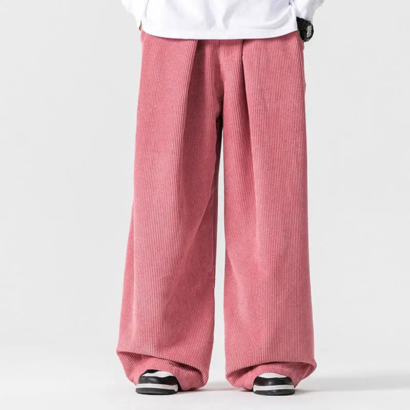Buddha Stones Solid Color Cotton Corduroy Men's Wide Leg Pants With Pockets BS