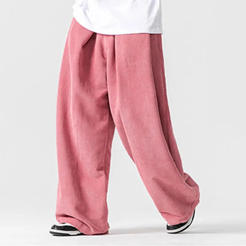 Buddha Stones Solid Color Cotton Corduroy Men's Wide Leg Pants With Pockets BS