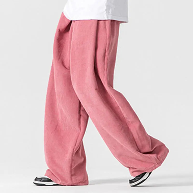 Buddha Stones Solid Color Cotton Corduroy Men's Wide Leg Pants With Pockets BS